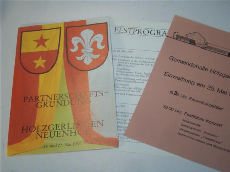 Festschrift zur Partnerschaftgründung Holzgerlingen Neueuhof. 25 jährige Freundschaft Musikverein Holzgerlingen Musikgesellschaft Neuenhof. 26. und 27. Mai 1984