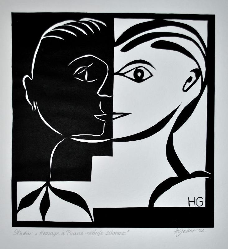 Original Scherenschnitt. - »Studie Homage à Picasso Köpfe schwarz« -  Signiert und datiert.