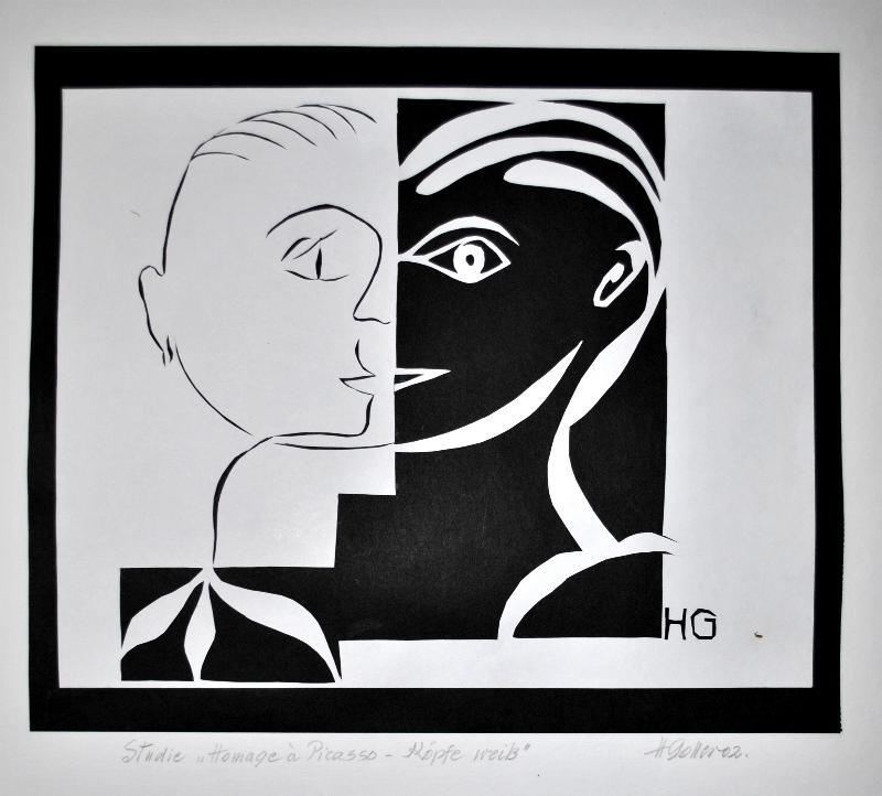 Original Scherenschnitt. - »Studie Homage à Picasso Köpfe weiß« - Signiert und datiert.