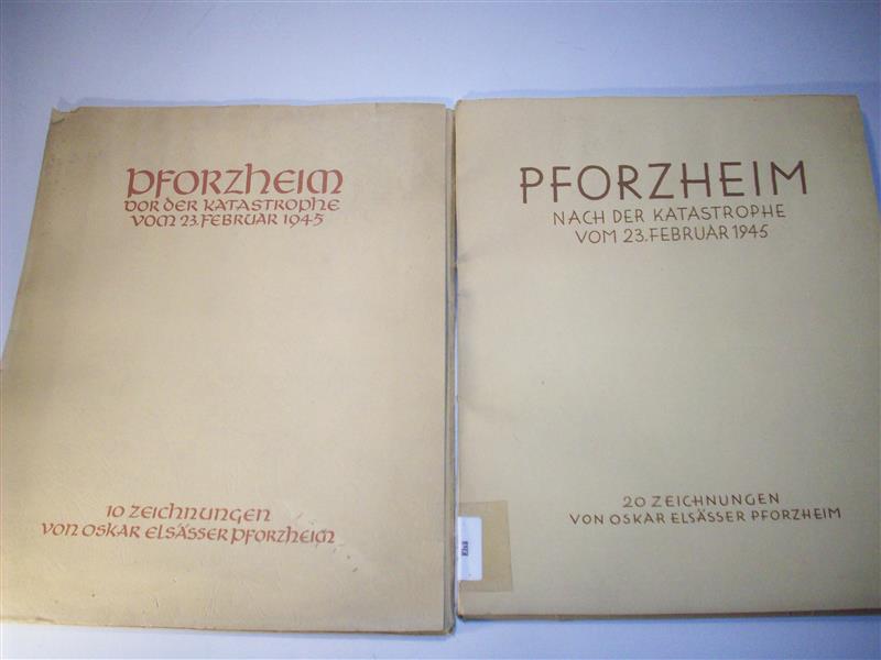 Pforzheim nach der Katastrophe vom 23. Februar 1945. 20 Zeichnungen von Oskar Elsässer Pforzheim. Pforzheim vor der Katastrophe vom 23. Februar 1945. 10 Zeichnungen von Oskar Elsässer Pforzheim.  2 Mappen