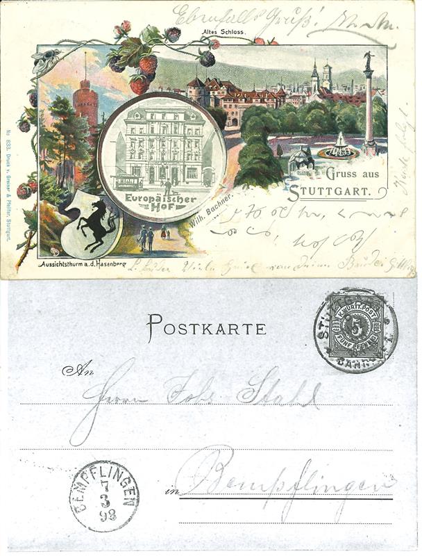 Ansichtskarte / Postkarte / Lithographie. Gruss aus Stuttgart. Altes Schloss / Aussichtsthurm a.d. Hasenberg / Europäischer Hof Wilh. Bachner. 1898
