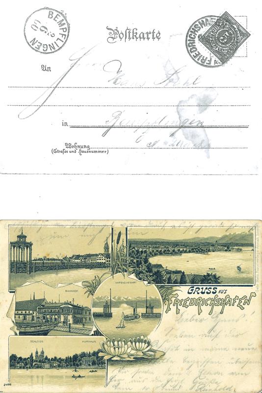 Ansichtskarte / Postkarte. Gruss aus Friedrichshafen,  Schloss, Kurhaus, Bahnhof, Hafeneinfahrt, 1900