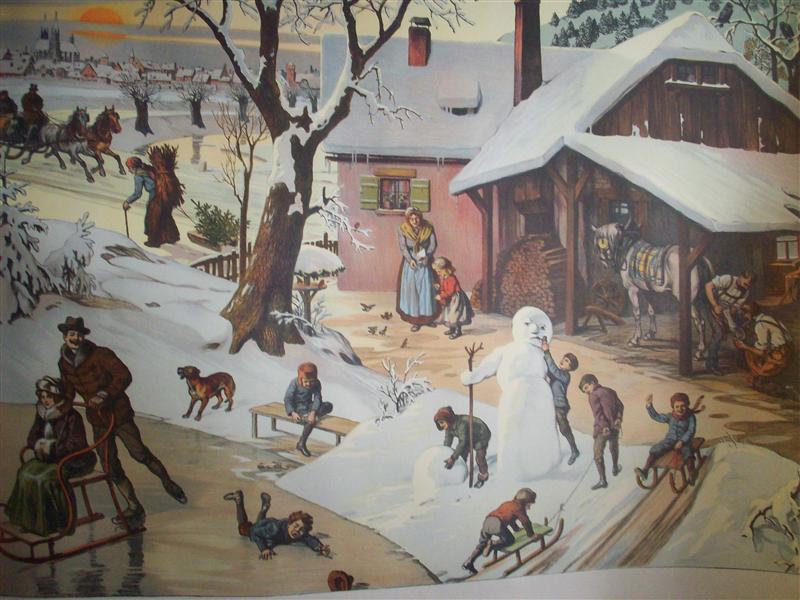 Schreibers künstlerische Wandbilder für den Anschauungs-Unterricht nach Angaben von Franz Engleder gezeichnet von Leo Kainradl. Tafel 1: Der Winter