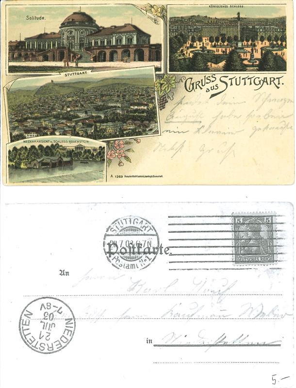 Ansichtskarte / Postkarte. Gruss aus Stuttgart  / Solitude / Königliches Schloss / Ansicht Stuttgart / Neckaransicht m. Schloss Roesenstein.1903