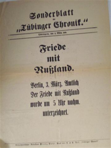 Sonderblatt der Tübinger Chronik. Flugblatt 3. März 1918. Friede mit Rußland.