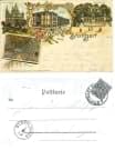 Ansichtskarte / Postkarte / Lithographie. Grüsse aus Stuttgart. Festsaal der Liederhalle / Garnisions Kirche / Liederhalle / Karl Olga Denkmal. 1898